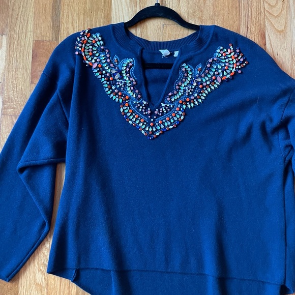 Anthropologie Moth Brand Embellished Jewelled Sweater Navy Blue - Picture 3 of 8